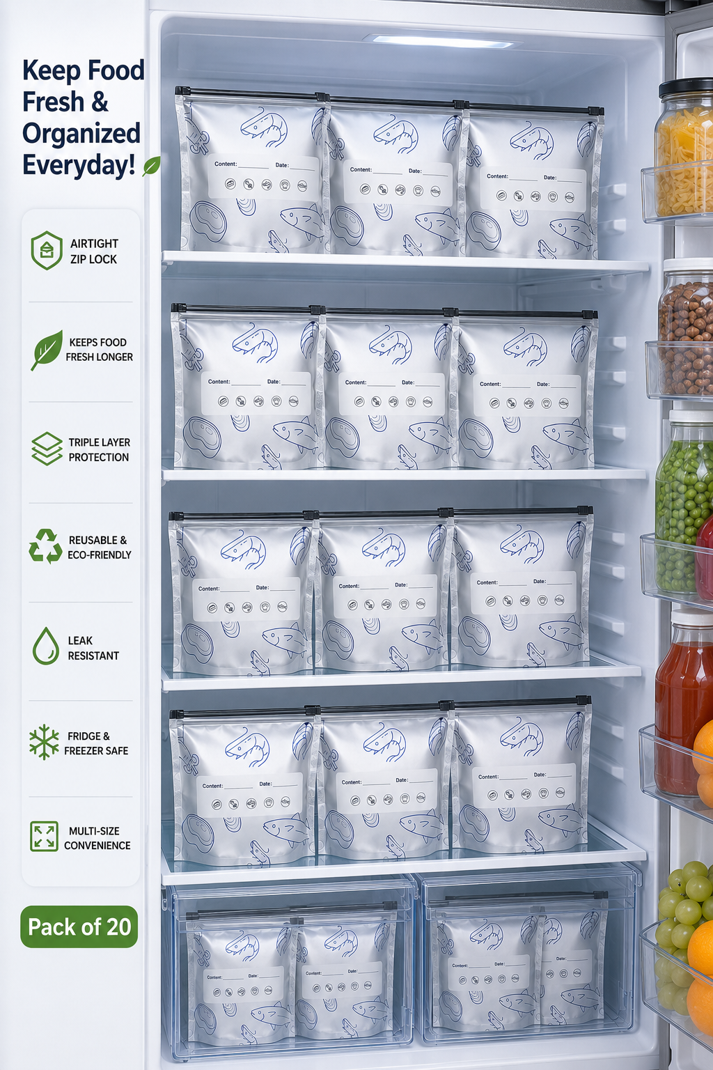 Reusable Foil Zip Lock Vacuum Food Storage Bags – Keep Food Fresh & Organized (Pack of 20)
